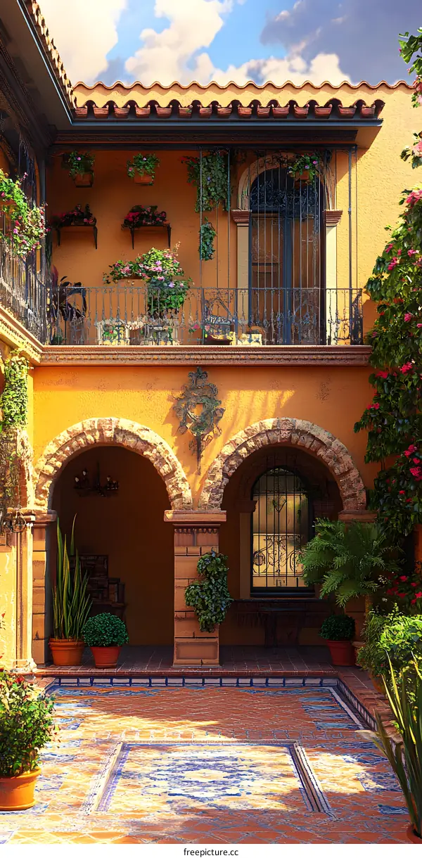 Spanish Courtyard with Arches and Tile Flooring