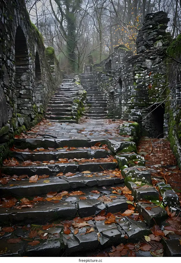 Stone Steps Leading Up to an Old Stone Building in a Forest