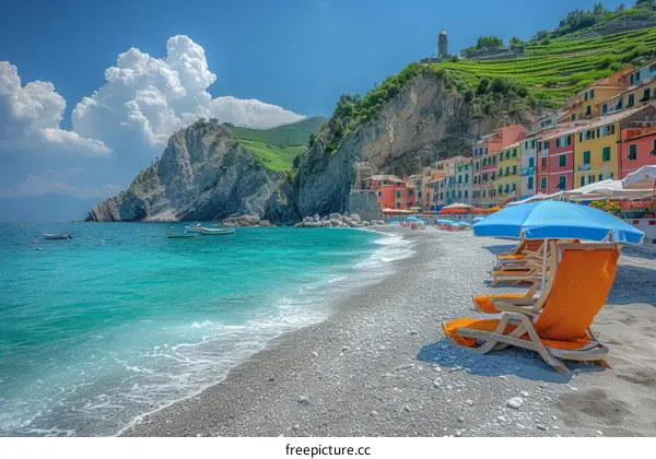 Beach with colorful houses and blue sea