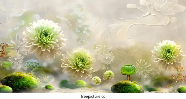 Green and White Flowers with Mossy Stones and Abstract Background