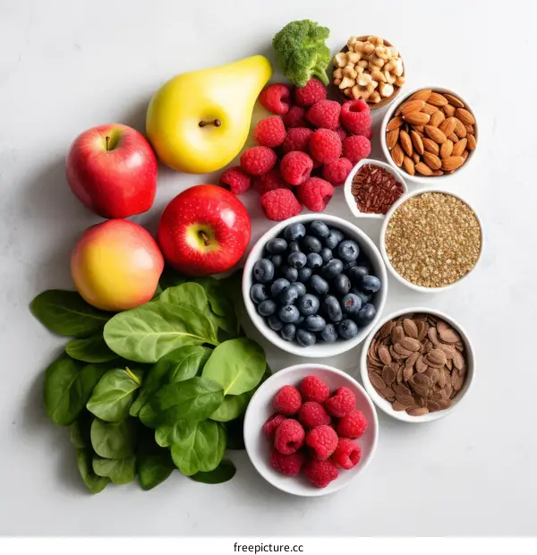 A variety of healthy food including fruits, vegetables, nuts, and seeds