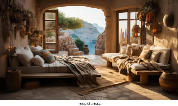 A cozy bedroom with a stunning view of the Mediterranean Sea