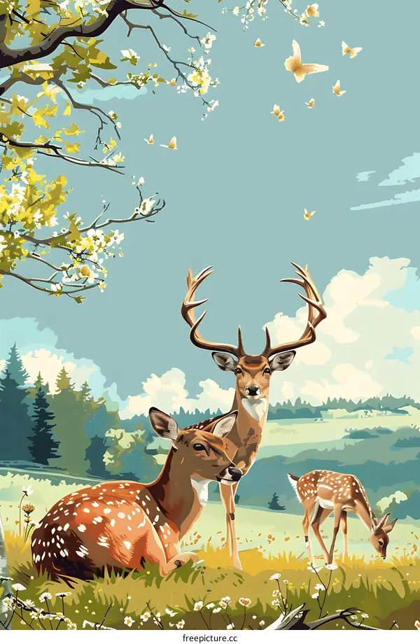 Three Deer in the Forest with Butterflies and Blossoms