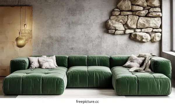 Modern Living Room with Green Sofa and Stone Wall