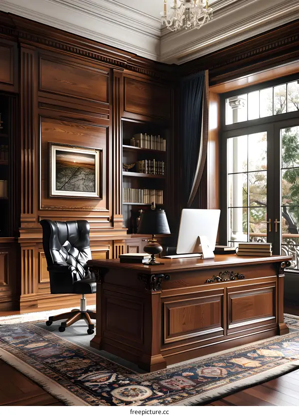 Luxury wood paneled home office with large windows