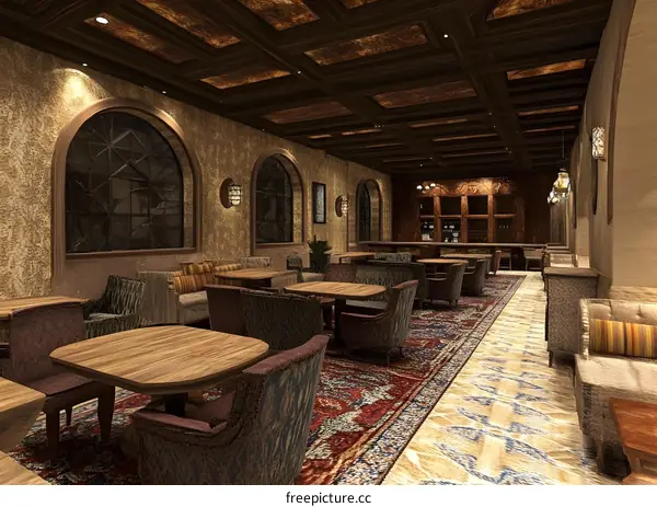 Luxury Interior Design With Wooden Ceiling and Red Rug