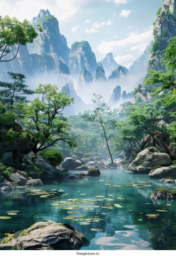 Misty mountains and a peaceful river in a secluded valley