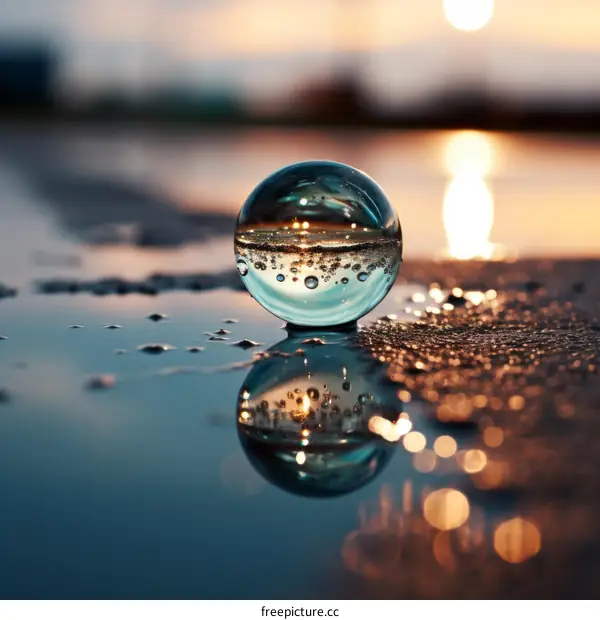 glass ball on wet asphalt with the reflection of the sunset sky
