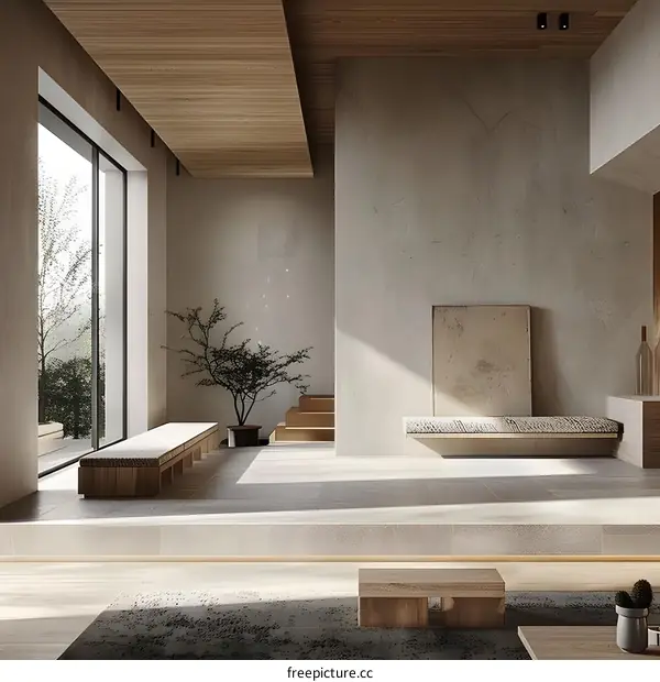 Minimalist Japanese Style Interior Design Living Room with Wooden Floor and Natural Light