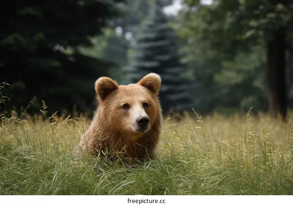 Brown Bear in Lush Green Grassy Meadow