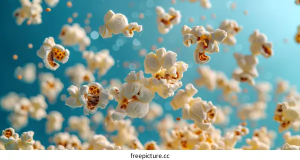 A blue background with white popcorn kernels flying through the air