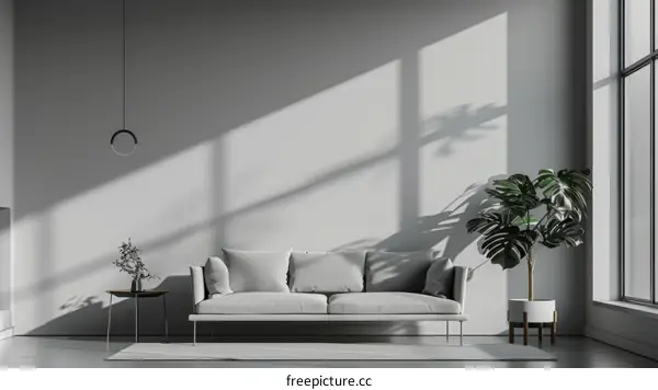White sofa in front of white wall with shadows from the window