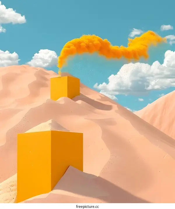 Yellow Dust Cloud Over Desert With Yellow Cubes