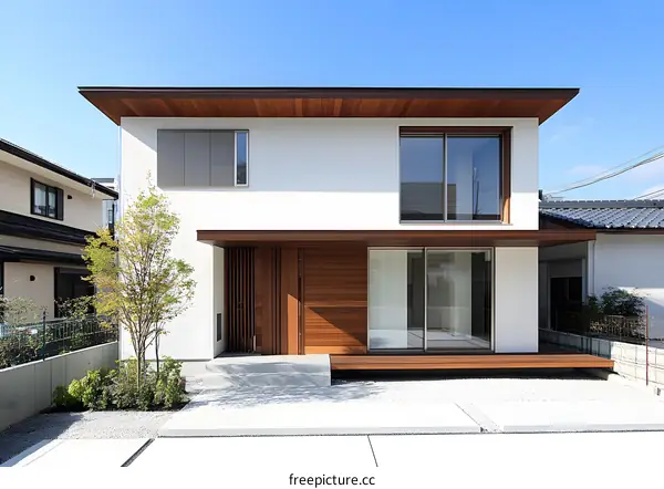 Modern White House with Wooden Accents and a Small Tree