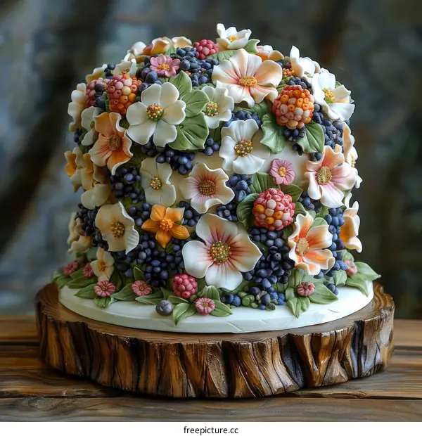 A cake decorated with flowers and berries