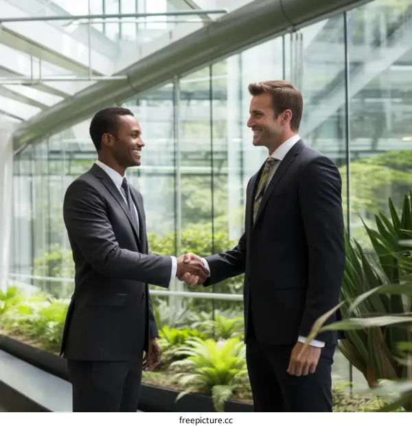 Two businessmen in suits shaking hands in a modern office building with glass walls and green plants