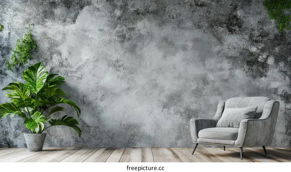 Modern Minimalist Interior Design with Grey Armchair and Plant