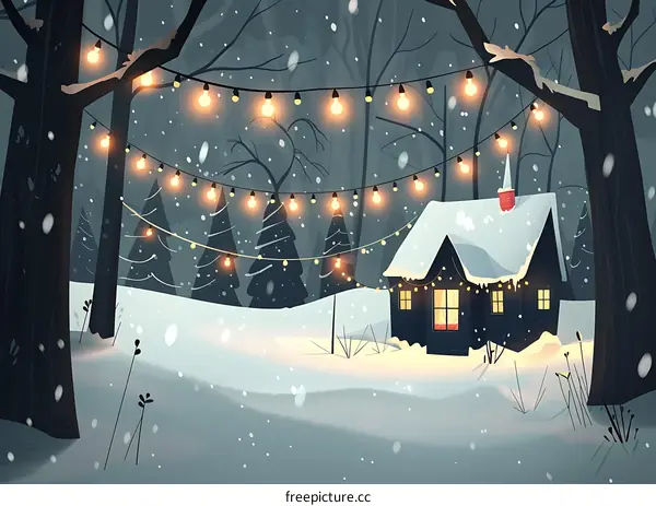 Cozy Cabin in the Snowy Woods with String Lights