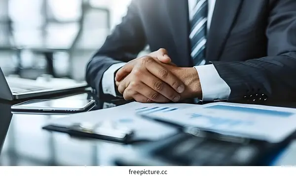 Close Up Of Businessman Hands Clasped On Desk With Documents