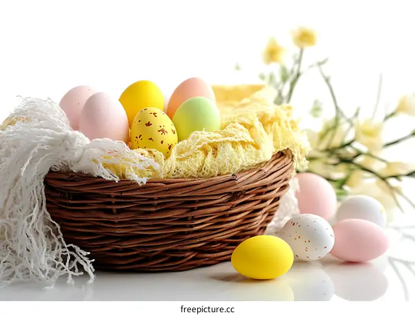 Colorful Easter Eggs in a Wicker Basket