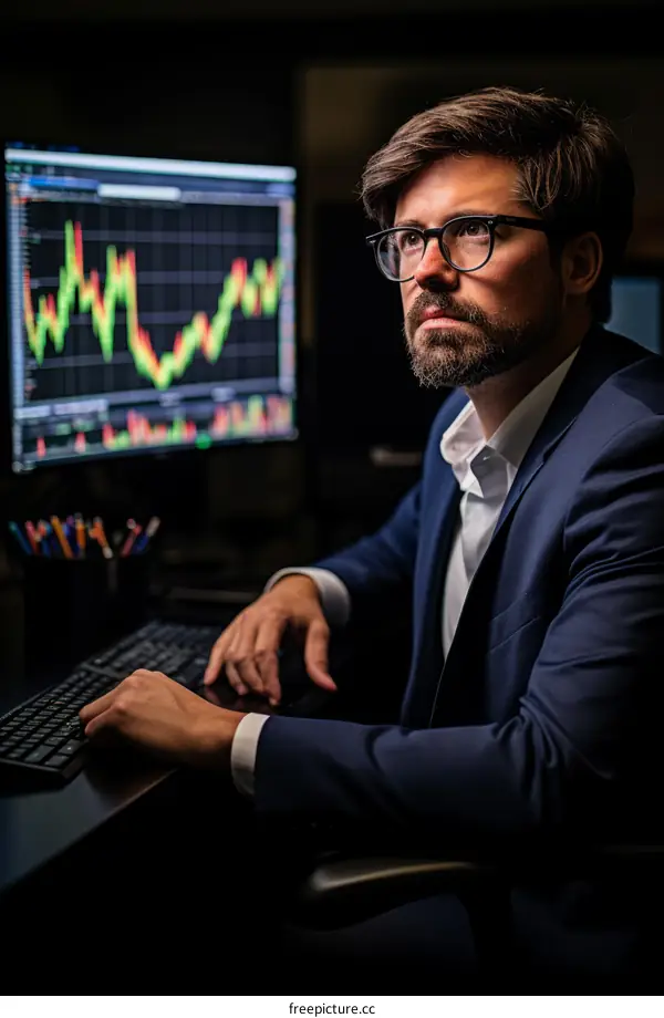 pensive man looking at computer screen with stock chart