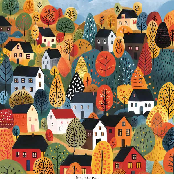 Colorful Autumn Village Illustration