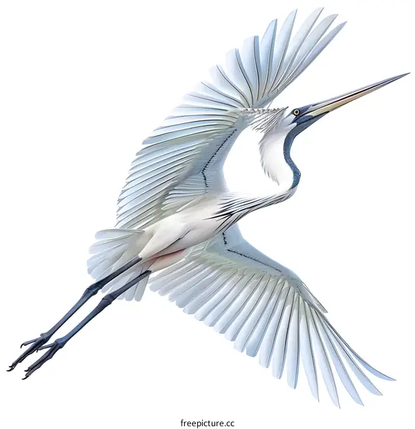 A great blue heron is spreading its wings in the white background