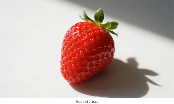 A single ripe red strawberry with green leaf on white background