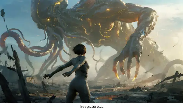 Giant tentacled monster towering over a desolate landscape