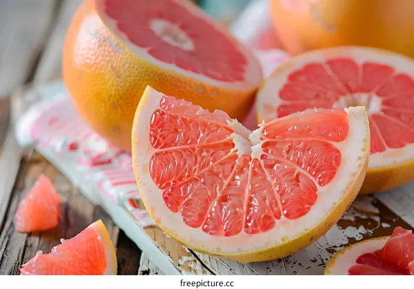 Closeup of a Fresh Pink Grapefruit Sliced on Wooden Table