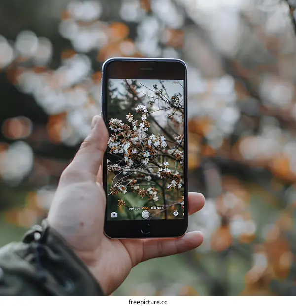 Hand Holding Smartphone Capturing White Flowers in Nature