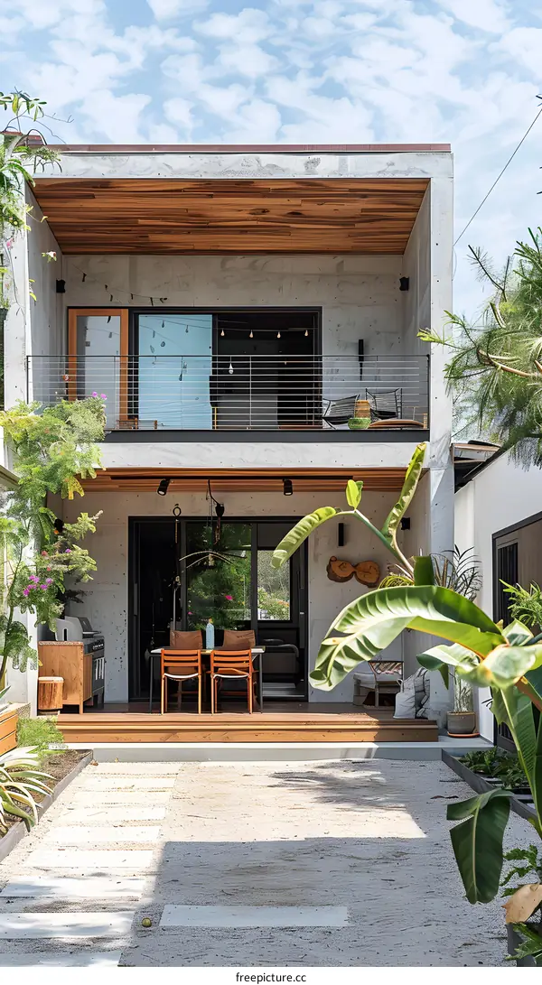 Modern Two Story Concrete House with Wooden Deck and Tropical Plants