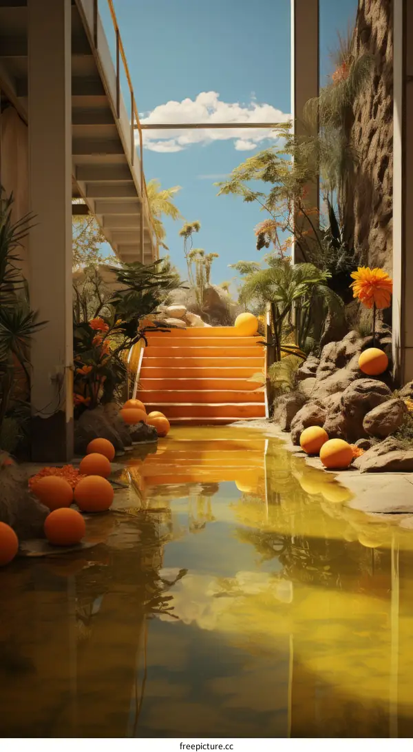 Surreal stairs towards mysterious body of water with giant floating spheres