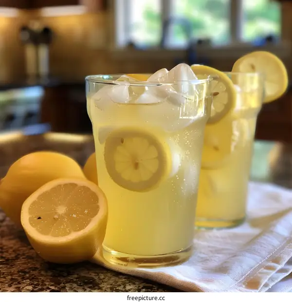 Refreshing Summer Lemonade With Ice And Lemon Slices