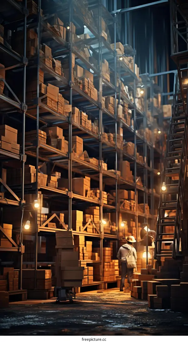 An illustration of a warehouse with a person walking down the aisle