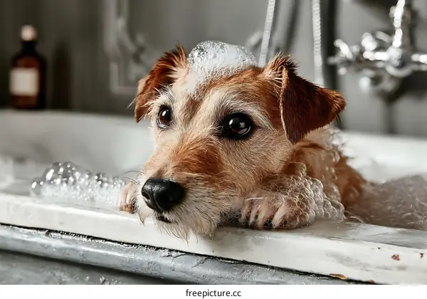 Dog Bathing in a Vintage Sink