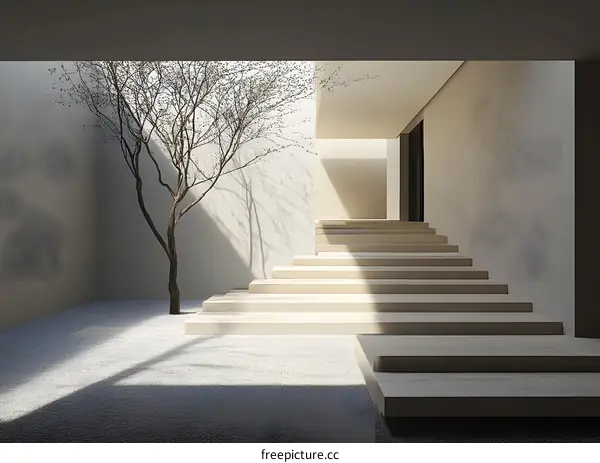 Minimalist Modern Interior Design With a Small Tree and Stone Pathway
