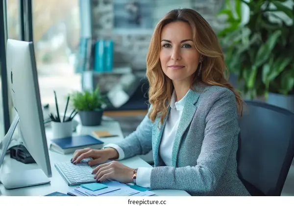 Businesswoman Working at Computer in Modern Office