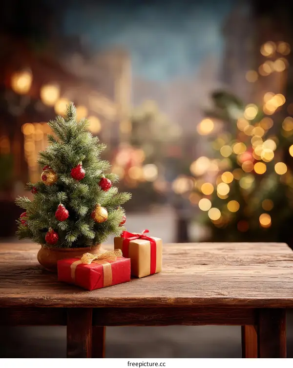Christmas Festive Wooden Table Setting with Small Tree