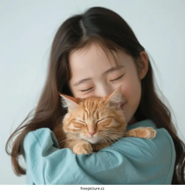 A girl hugging an orange cat