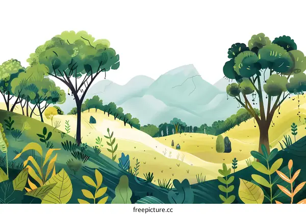 Green Landscape Illustration with Mountains and Trees