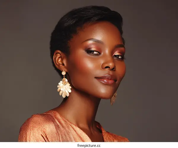 Beautiful African American Woman with Golden Earrings and Shimmering Dress