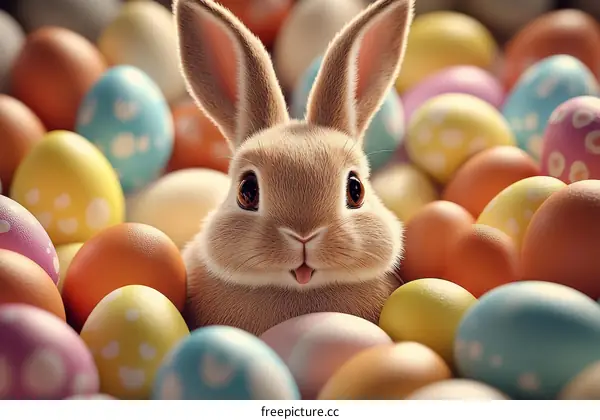 Cute Easter Bunny Among Colorful Eggs