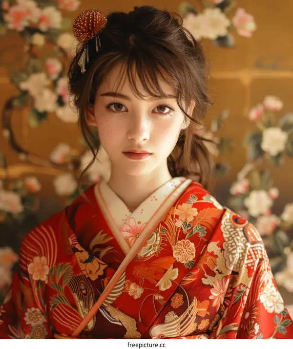 Portrait of a young woman in a red kimono