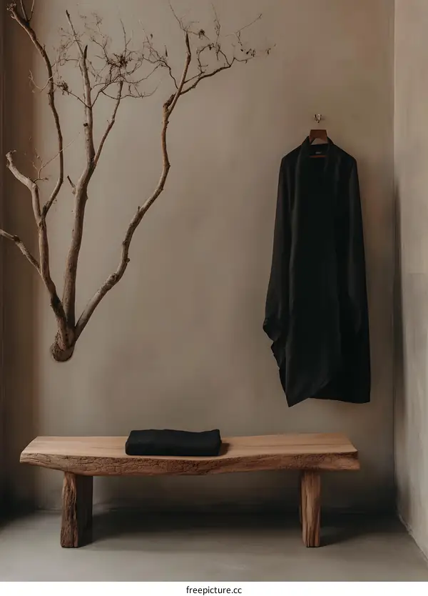 Minimalist Interior Design with Black Robe Hanging on Wall and Wooden Bench