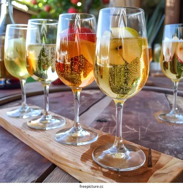 Apple Cider Tasting Flight on Wooden Board