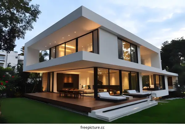 Modern White House with Large Windows and a Wooden Deck