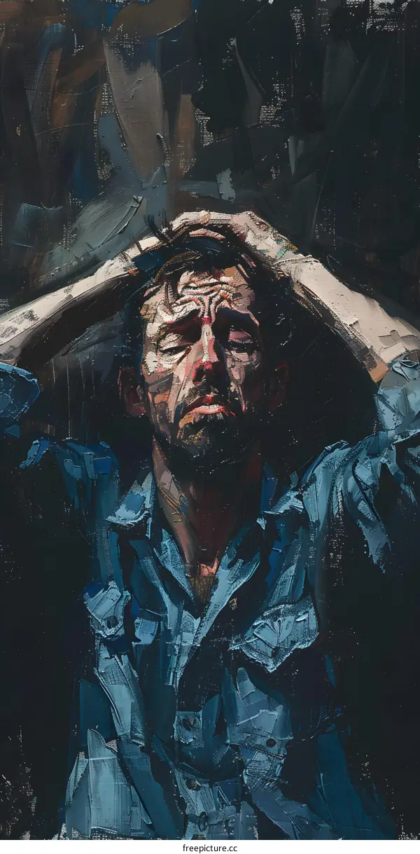 Oil Painting Portrait of a Man in Blue Shirt with Hands on Head