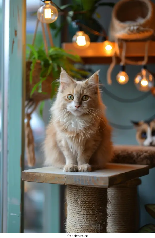 A ginger cat is sitting on a wooden table in front of a window