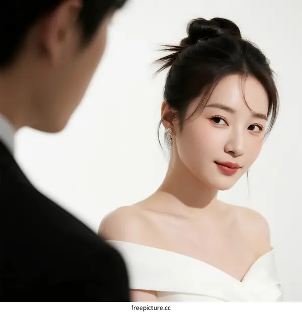 A Young Couple in Formal Wear Posing for Wedding Photo